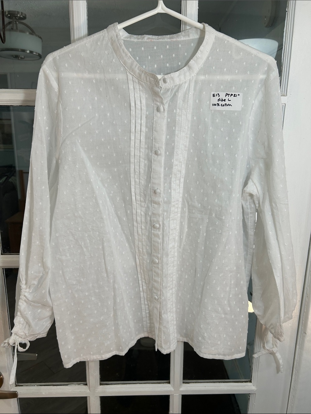 E13.   White Swiss Dot Button-Front Blouse